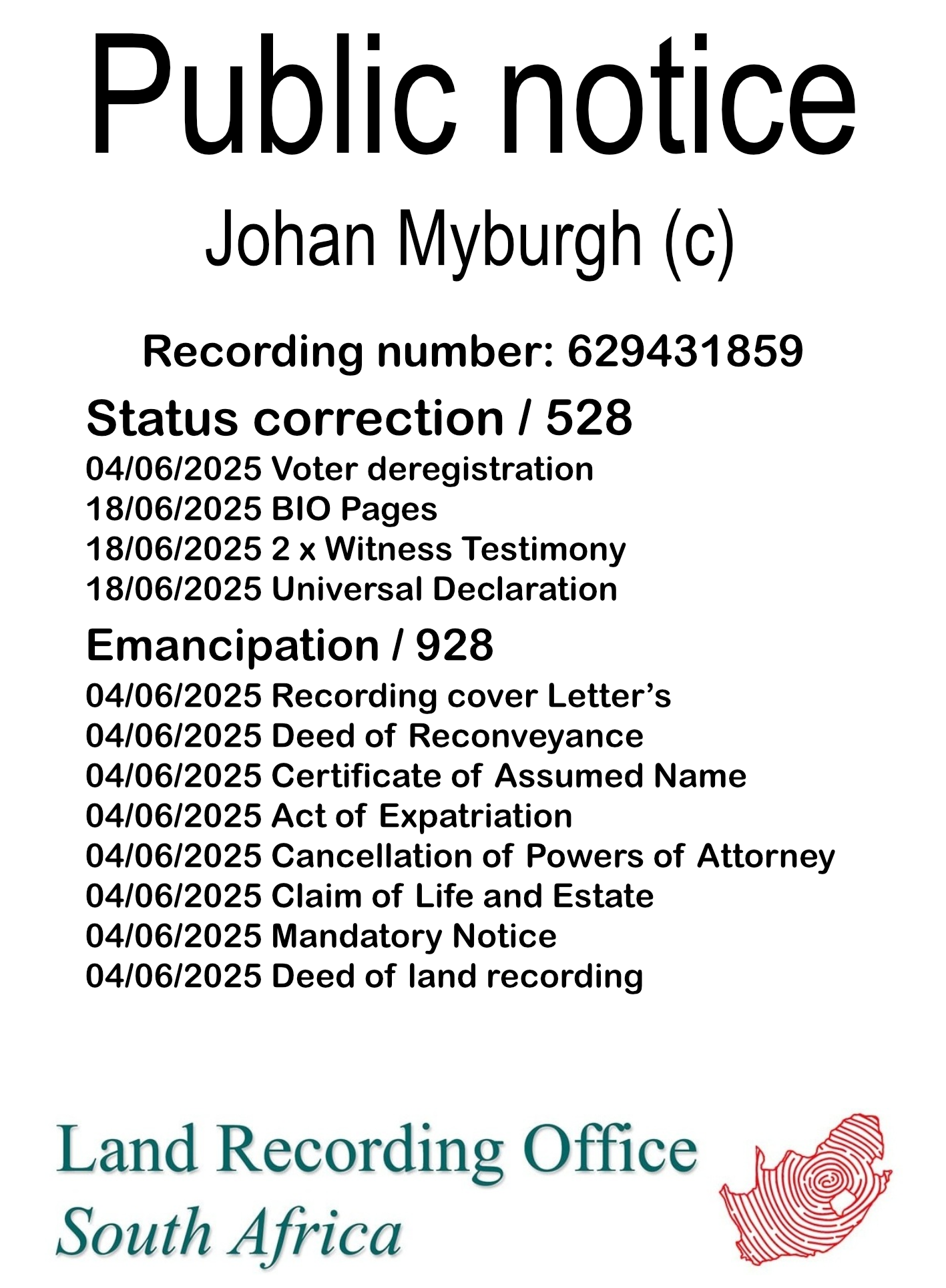 Public notice Johan Myburgh Recording number 629431859